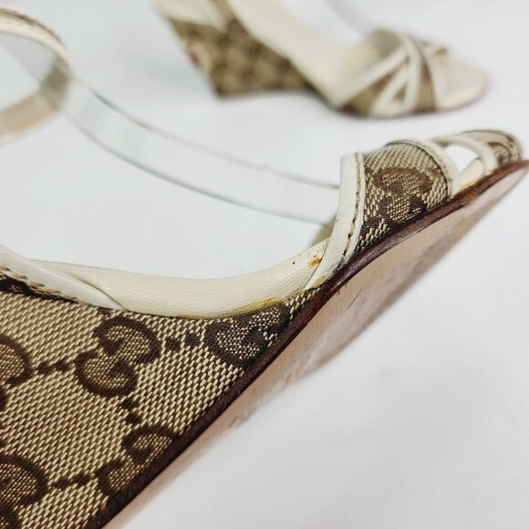 GUCCI Beige GG Canvas Monogram Cross Strap Wedge Ankle Strap Sandal Size 6.5 B - Picture 5 of 16